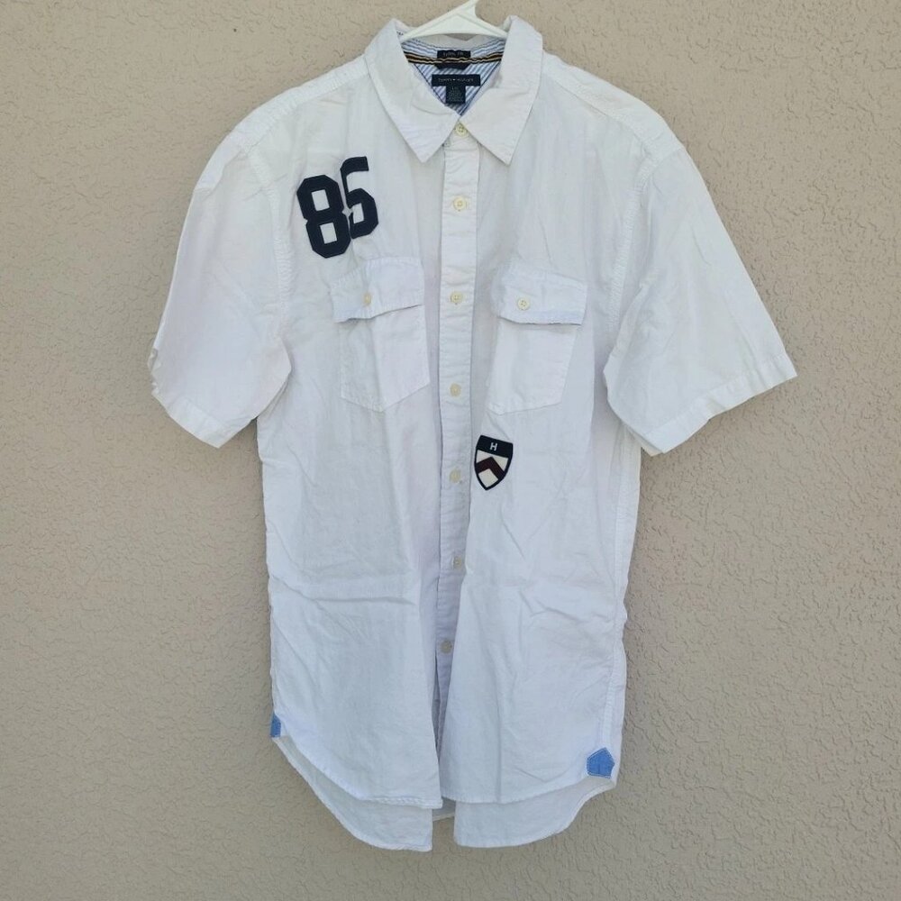 Vintage Tommy Hilfiger Men's White Button Down with Crest Sz L
